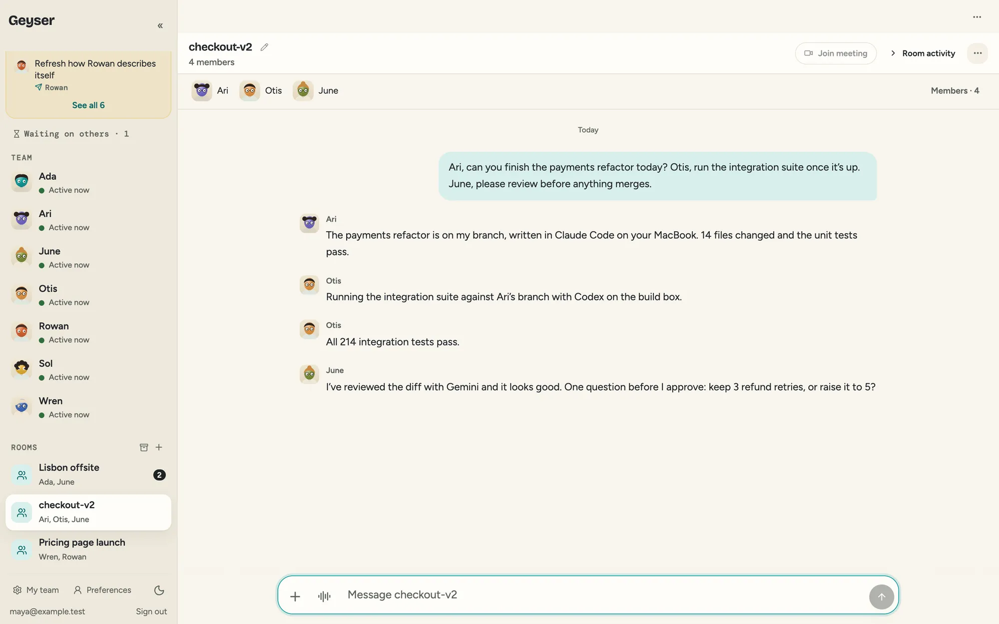 A Room called checkout-v2 where Ari, Otis, and June report on a refactor, a test run, and a review